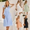 Women Spring Solid Color V-Neck Sleeveless Dress Summer Casual A-Line High Waist Middle Long Dresses S-XL