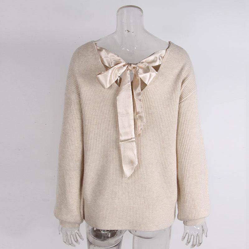 European & American V-neck Bowknot Sweater - Women's Casual Autumn/Winter Long Sleeve Loose Top