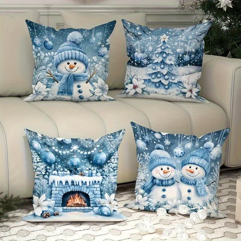 4Pcs, Winter Christmas Pillow Cover - Holiday Snowman, Tree And Fireplace Design In Blue - Machine Washable Living Room And Bedr