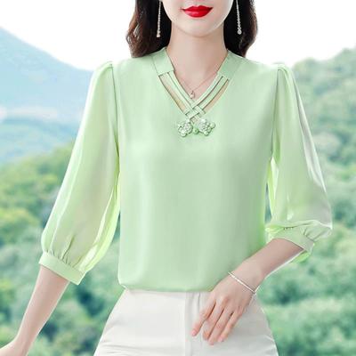 Однотонная шифоновая рубашка, женская новинка на лето, V-образный вырез, укороченный топ, рукав семь четвертей, универсальные пуловеры, шифоновая блузка