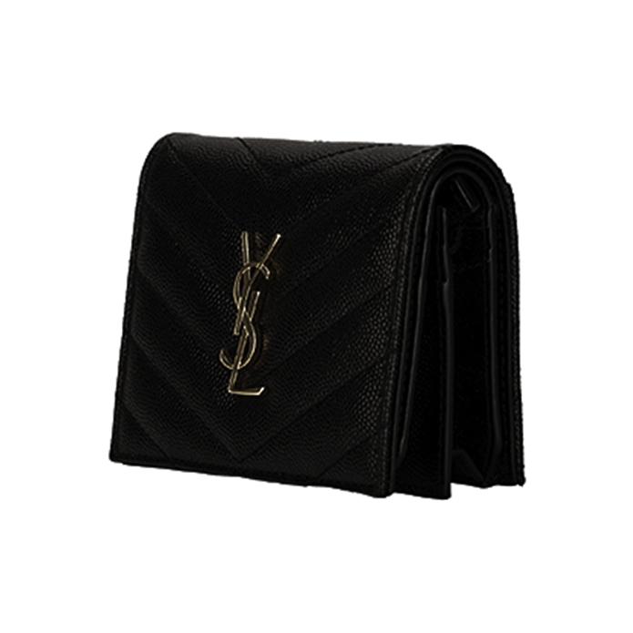 Saint Laurent Ysl Cassandre Кошелек-кардхолдер с двойным сложением, тисненая кожа, стеганый, с золотым логотипом, женский, черный 530841-BOWA1-1000