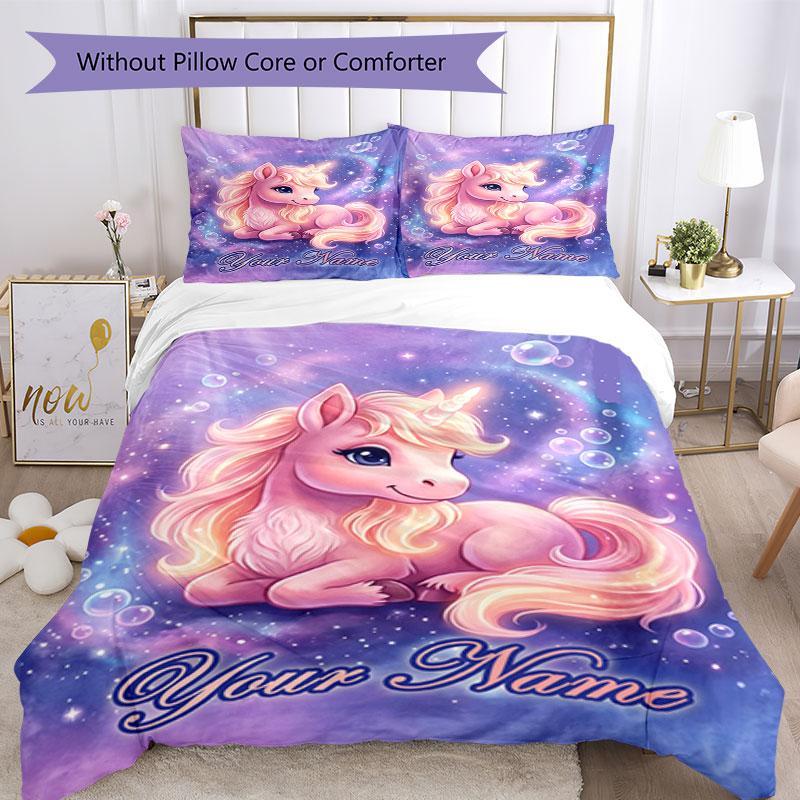3PC Custom Name Magical Unicorn Fantasy Bedding Set Duvet Cover Closure Includes 1 Duvet Cover & 2 Pillowcases for Bedroom