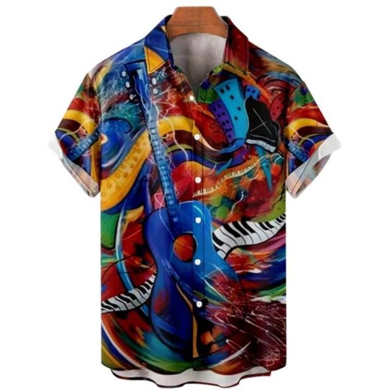 Men's Music Guitar Print Shirts Rock Hip Hop 2023 Men's Clothing Short Sleeve Beach Shirt Outdoor Street Social Vintage Shirt