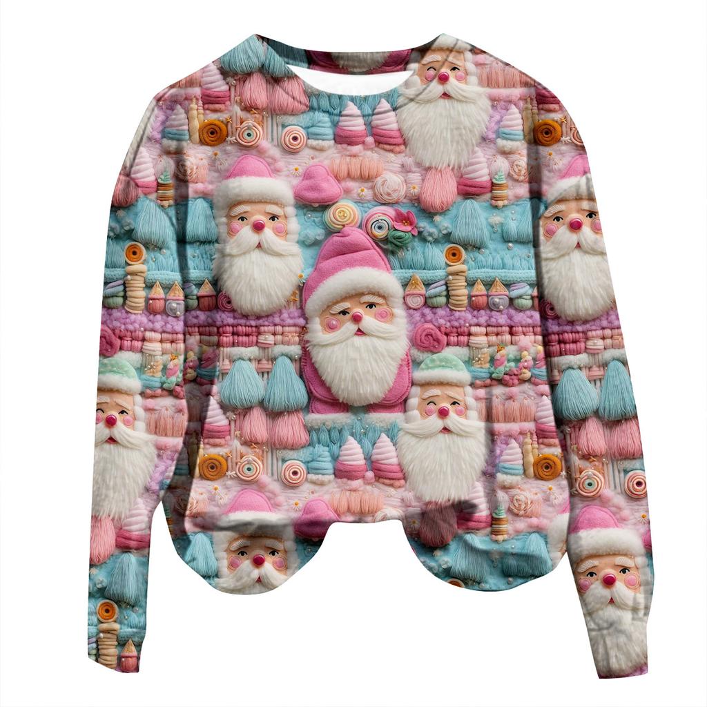Женская повседневная модная рождественская печать с длинным рукавом и круглым вырезом, пуловер, верхняя блузка