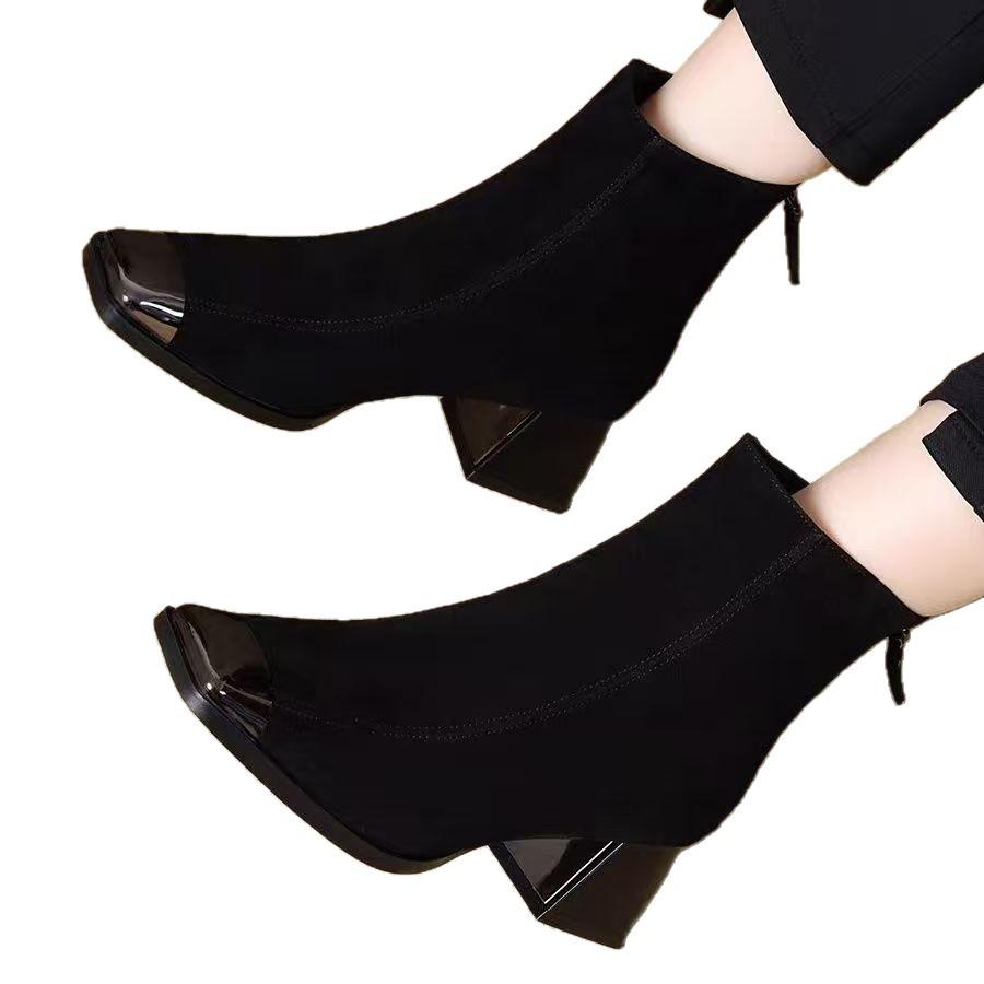 Retro temperament thick heel Martin boots women's autumn and winter new metal square head velvet warm versatile short boots