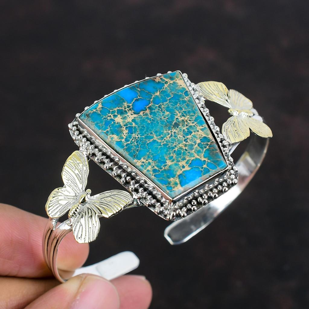 Blue Sea Sediment Jasper Bangle Gemstone Butterfly Bangle 925 Sterling Silver Cuff Bracelet 18K Gold Plated Adjustable Bangle Gifts For Him