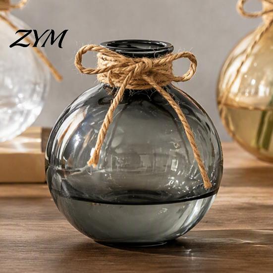 Artistic Home Decor Vase Clear Round Resin Vase, Transparent Sphere Flower Pot with Jute Modern Minimalist Hydroponic Bow, Plastic Planter for Plants,