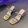 Fashion Transparent Heel Sandals Summer New Square Head Open Toe Crystal Line with Anti-slip Wear-resistant High-heeled Slippers