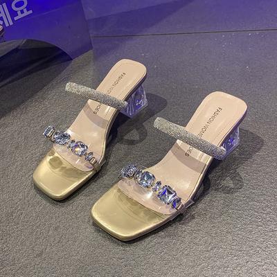 Модные прозрачные босоножки на каблуке Летние новые с квадратным носком и открытым носком, с хрустальной линией, противоскользящие износостойкие шлепанцы на высоком каблуке