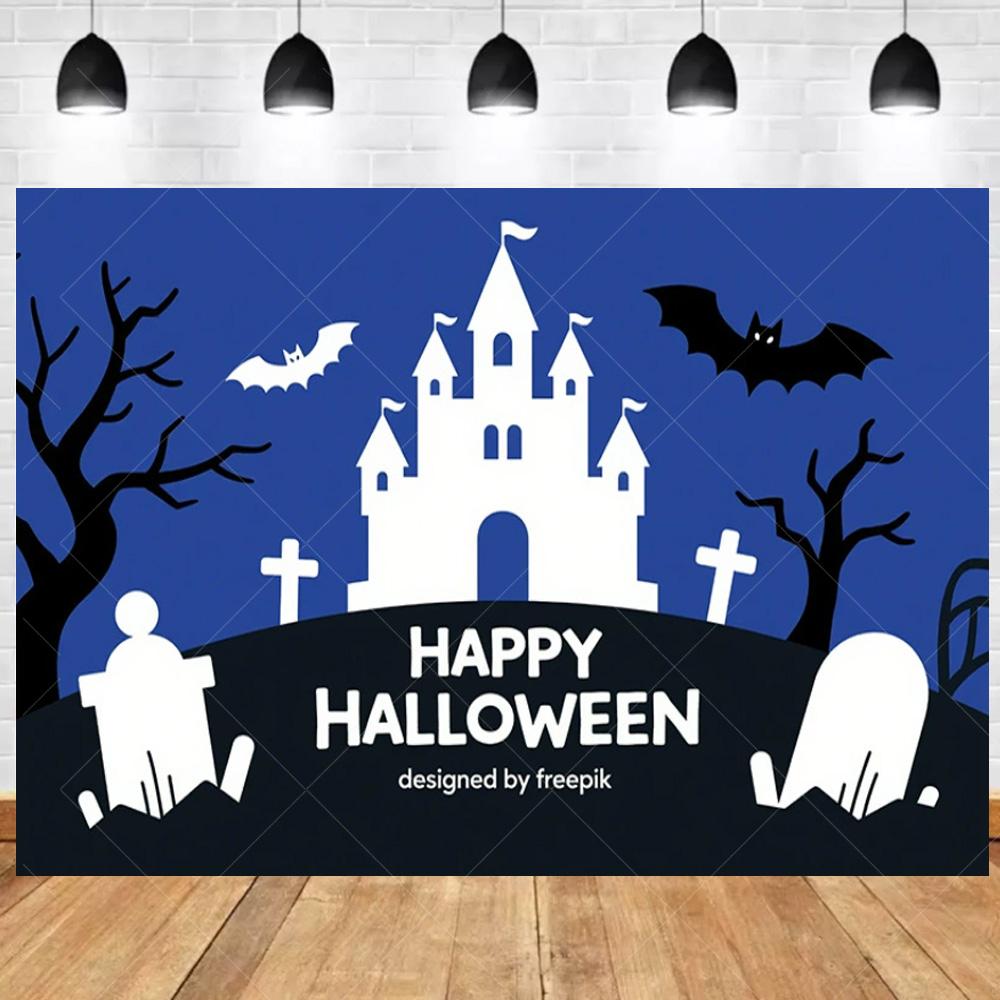 1pc Blue Halloween Party Backdrop with Night Moon Gothic Castle Pumpkin Bats Ghost Banner for Halloween Themed Party Decoration