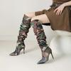 lenkisen Fabric Camouflage Pattern Autumn Winter Shoes Super Thin High Heels Pleated Boots European Keep Warm Over-the-knee Boots
