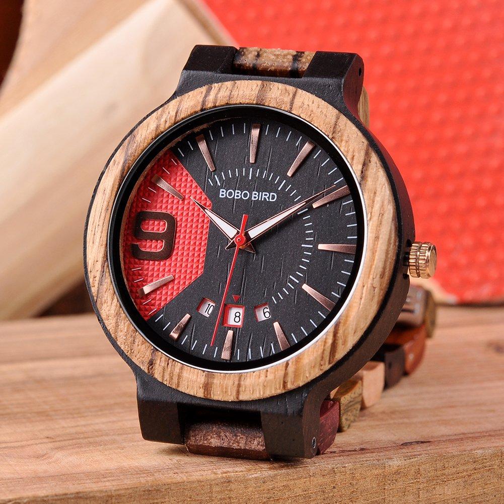 BOBO BIRD Colorful Wooden Analog Quartz Movement with Date Handcrafted Luxury Casual Watch with Gift Box Men's Watch, Display,