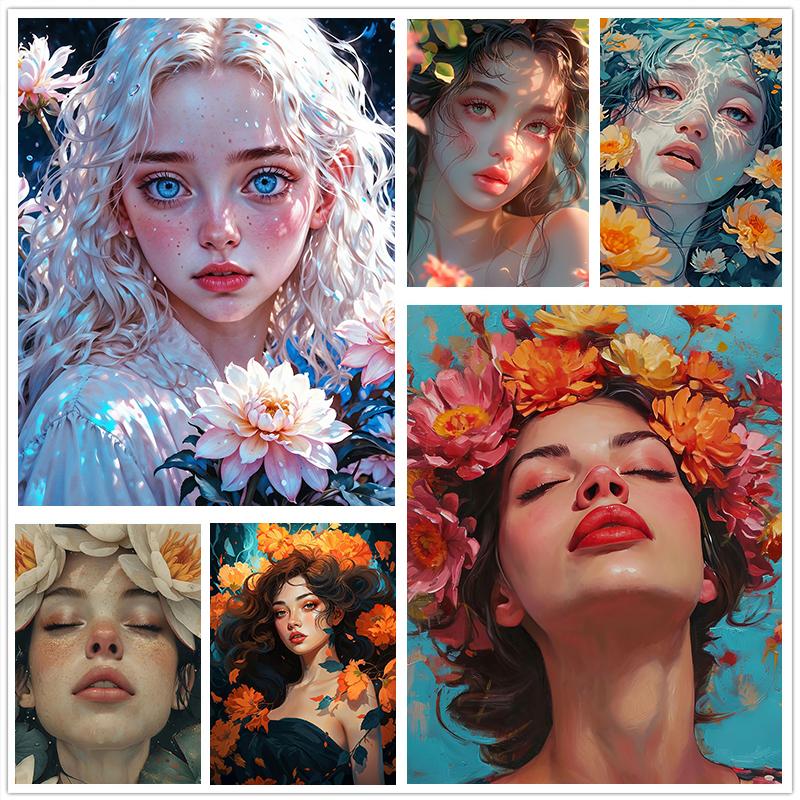 Ретро Потрясающая Девушка и Цветок Портрет Арт Постер Холст Принт Настенная Живопись Гостиная Спальня Украшение Дома Эстетика