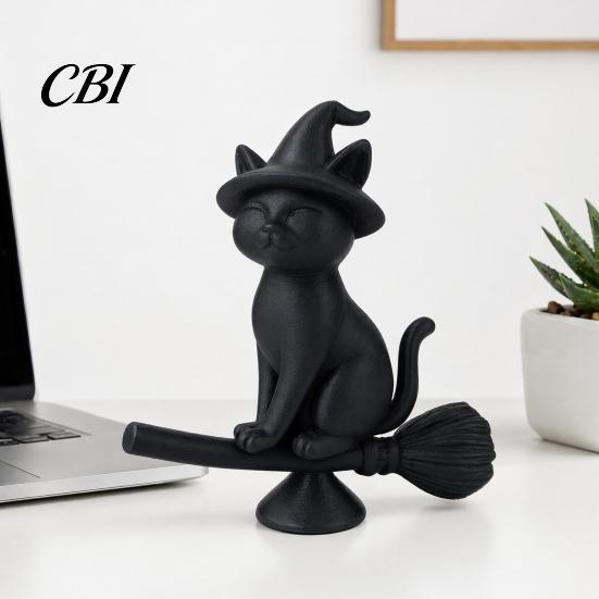 Exquisite Cat Collectible Witch Figurine, Black Riding Broom Statue, 3D Printed Ornament Ornament, Desktop Decoration for Home Office Decor Mysterious