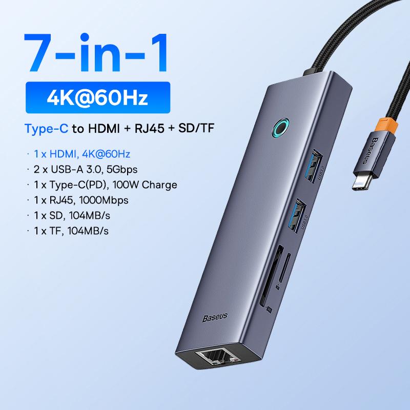 Baseus USB C ХАБ Двойной HDMI 8K 4K Адаптер 10-в-1 USB 3.2 10 Гбит/с Разветвитель с RJ45 SD TF Type C PD 100 Вт для MacBook Pro Air ХАБ
