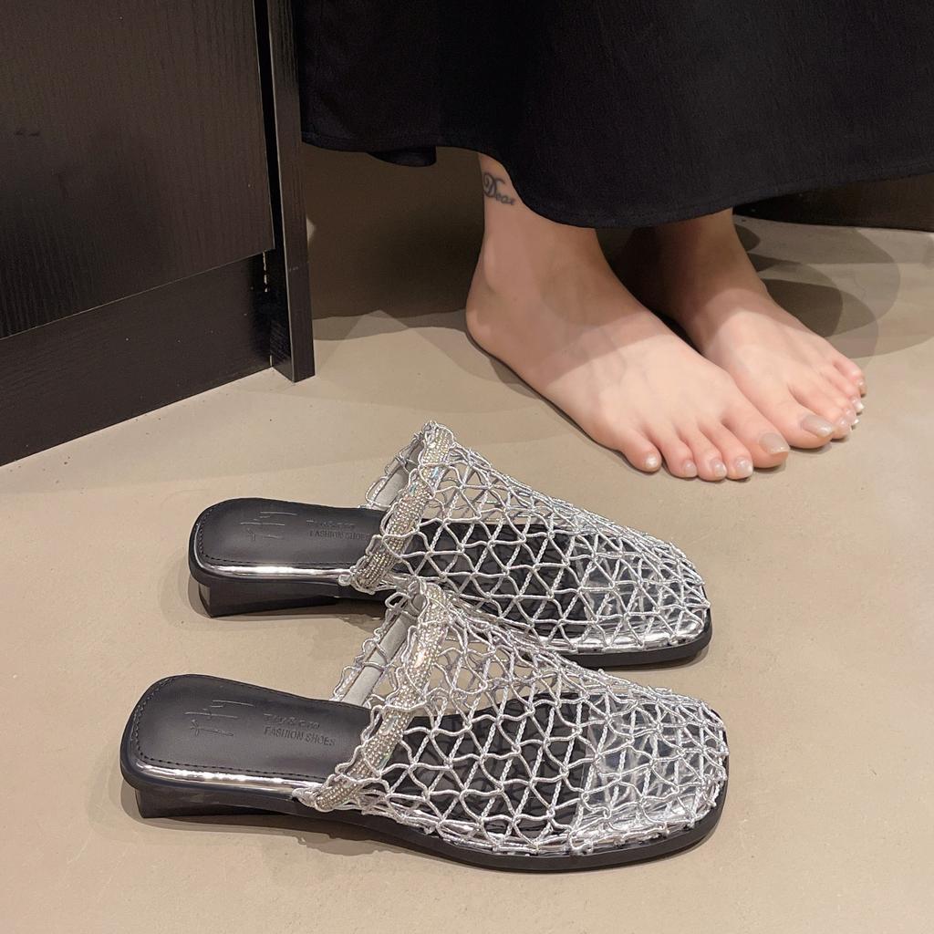 Баотоу полутапочки женские для улицы 2025 лето новые нишевые сетчатые полые тапочки дышащие на низком каблуке обувь-рыболовная сеть