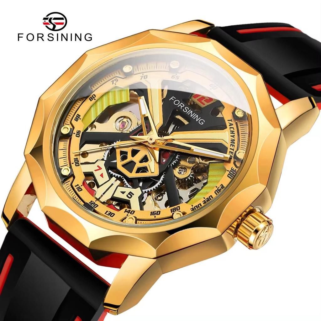 FORSINING Mens Watches Hand-winding Mechanical Skeleton Watch for Men Hollow Out Rubber Strap Waterproof Luminous Mens Wristwatch