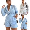 2 Pcs/Set Women Shirt Shorts Set Solid Color Long Sleeves Turn-down Collar Chest Pocket Blouse High Waist Loose Above Knee Length Pants Set