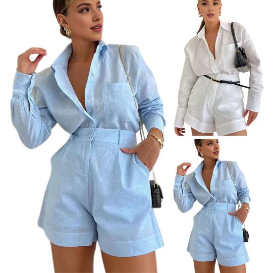 2 Pcs/Set Women Shirt Shorts Set Solid Color Long Sleeves Turn-down Collar Chest Pocket Blouse High Waist Loose Above Knee Length Pants Set