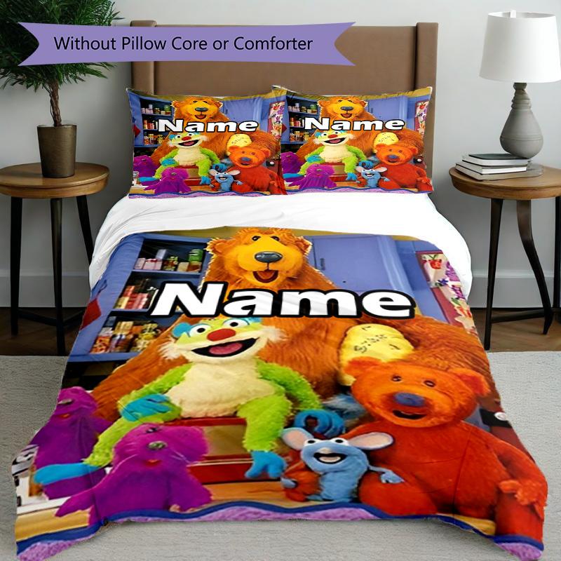 3pcs Duvet Cover Set (1*Duvet Cover + 2*Pillowcase, Without Core), Custom Name Bear in the Big Blue House Pattern Bedding Set, Home Bedroom Decor Gift