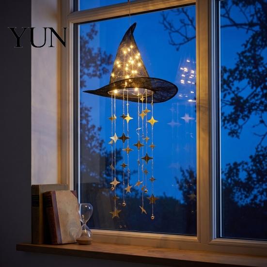 Trick or Treat Party Supplies Lighted Witch Hat Hanging Chime, Halloween LED Ornament with Sparkling Star Props Tassels, Magical Light for Porch