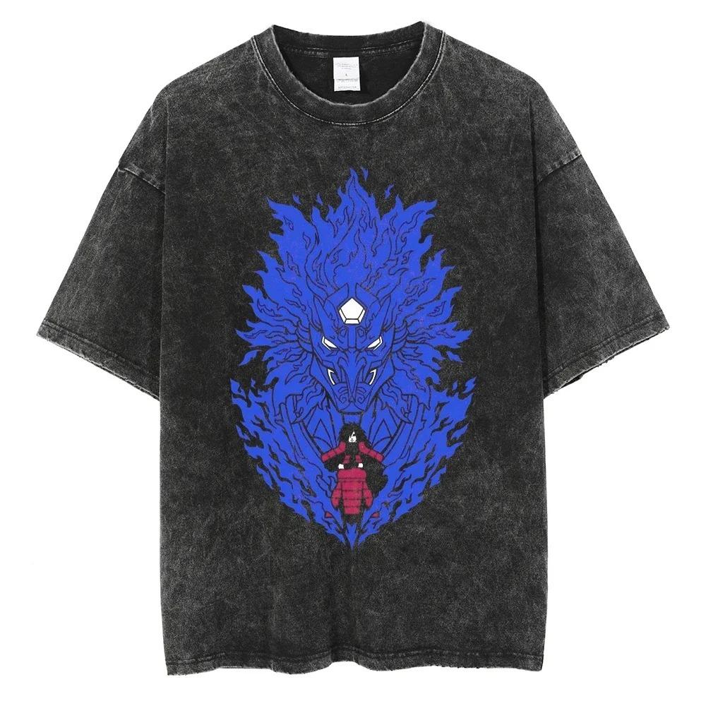 Летняя футболка с коротким рукавом из хлопка для мужчин и женщин Streetwear Винтажная черная стираная футболка Harajuku Аниме Наруто Принт Футболка Свободные Топы Футболки