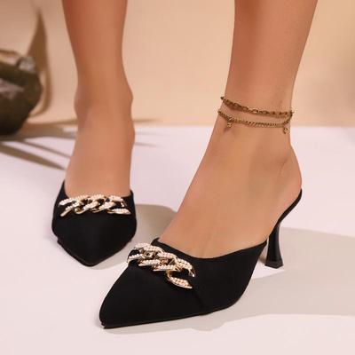 Модные сексуальные босоножки с закрытым носком женские 2025 лето золотая металлическая отделка острый носок босоножки мюли женские черная замша высокий каблук шлепанцы