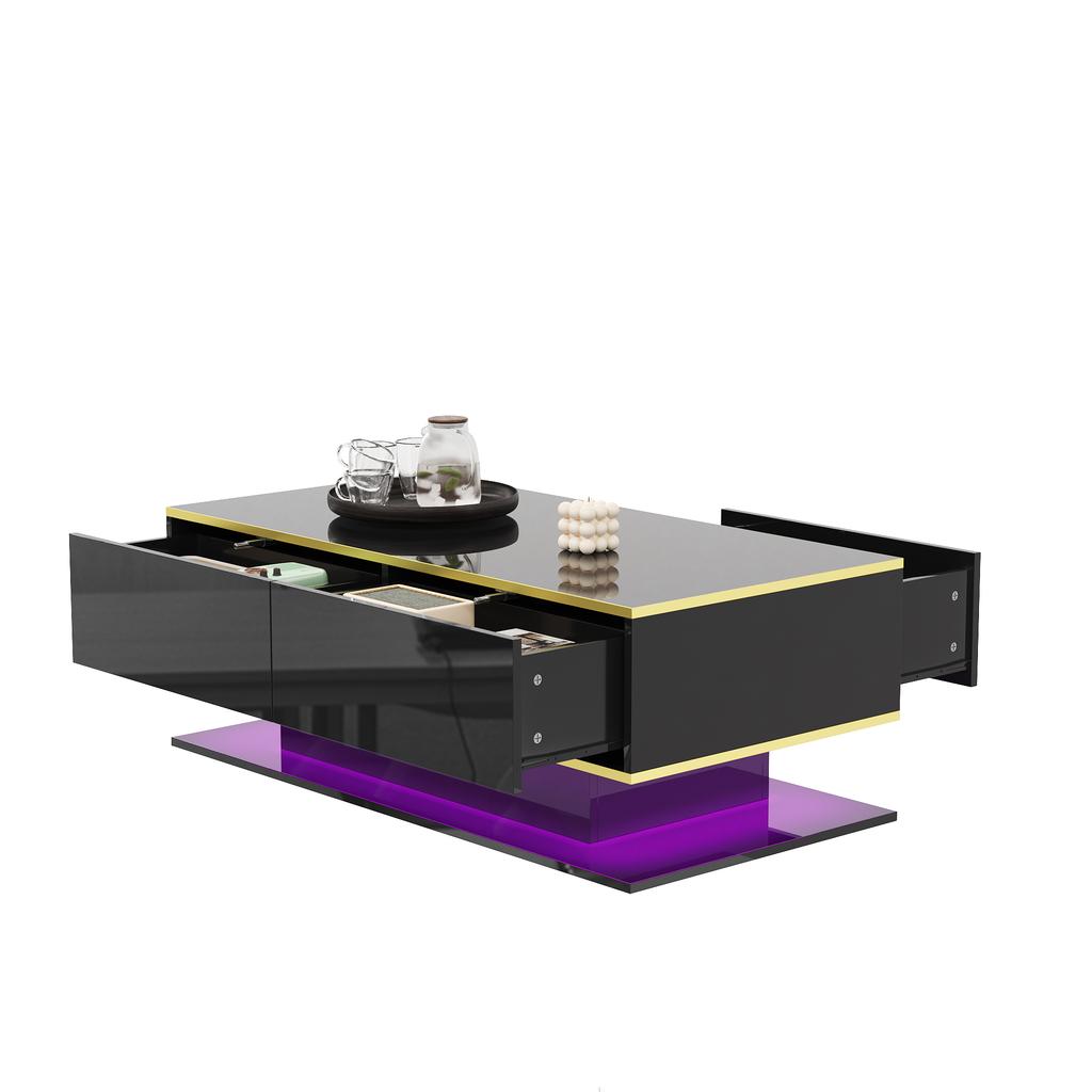 Modern LED Coffee Table with High Gloss, 100 cm Long, Gold Decoration, 3 Drawers & USB LED Light Strip (Adapter/Power Bank Required)