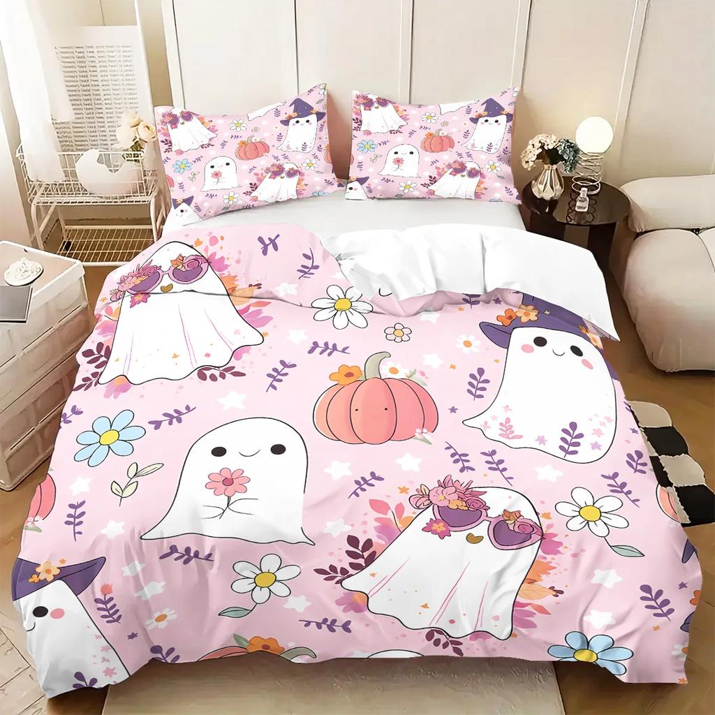 Pink Ghost Pattern Duvet Cover Set 3pcs Halloween 1 Duvet Cover+2 Pillowcases No Core. Soft and Comfortable Bedding Set