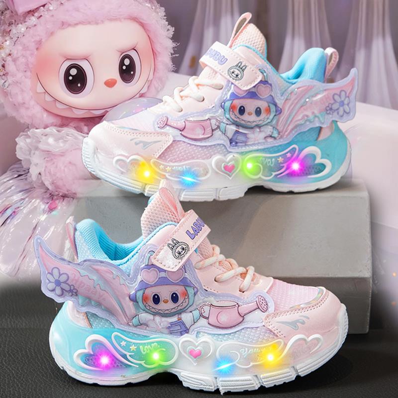Labubu girls' sports shoes new autumn children's princess dad shoes with lights, breathable mesh shoes for girls