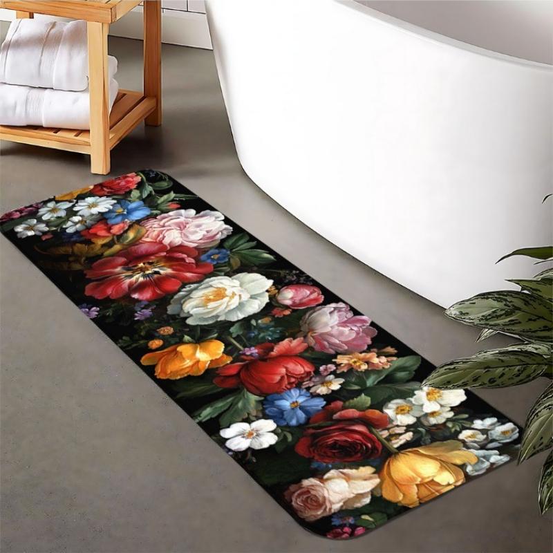 Vintage Dark Floral Oil Painting Print Runner Rug, Non-Slip Washable Durable Mat for Kitchen,Laundry Room,Entryway Dining Area