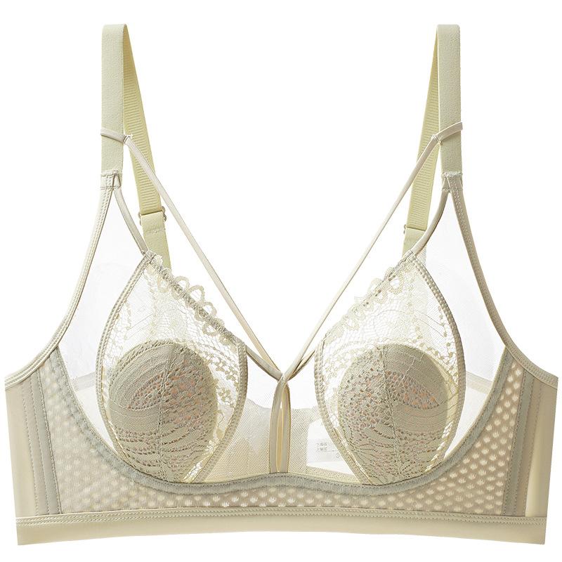Women Hollow Out Lace Brassiere Gathered Push Up Underwear Wireless Minimizer Bra Ultra Thin Bralette Sexy Mesh Lingerie