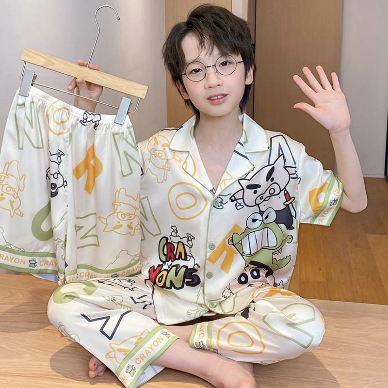 Kids Ice Silk Pajama Set Short Sleeve Cartoon Print Boys Sleepwear Ages 8