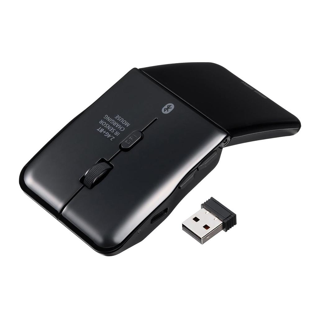 Sanwa Direct Thin Mouse Bluetooth Foldable Quiet 5 Buttons Rechargeable Wireless Portable Compact Side Button Black / 2.4GHz USB-C Multi-Pairing