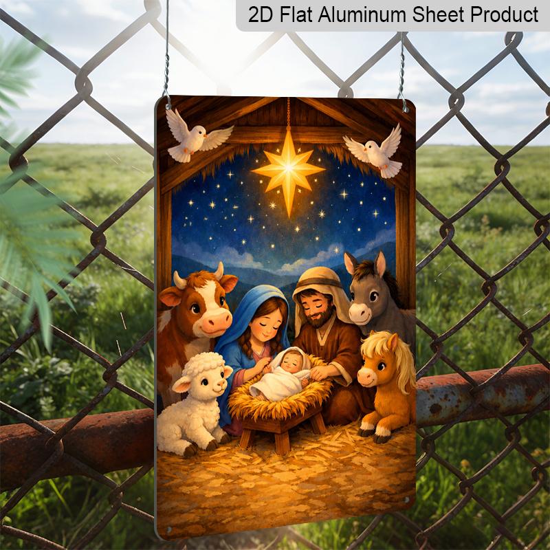 2D Flat Cute Cartoon Holy Family Nativity Dove Star Aluminum Metal Sign‑8.0x12.0inch Christmas Religious Wall Decor, Manger Farm Animals Hanging