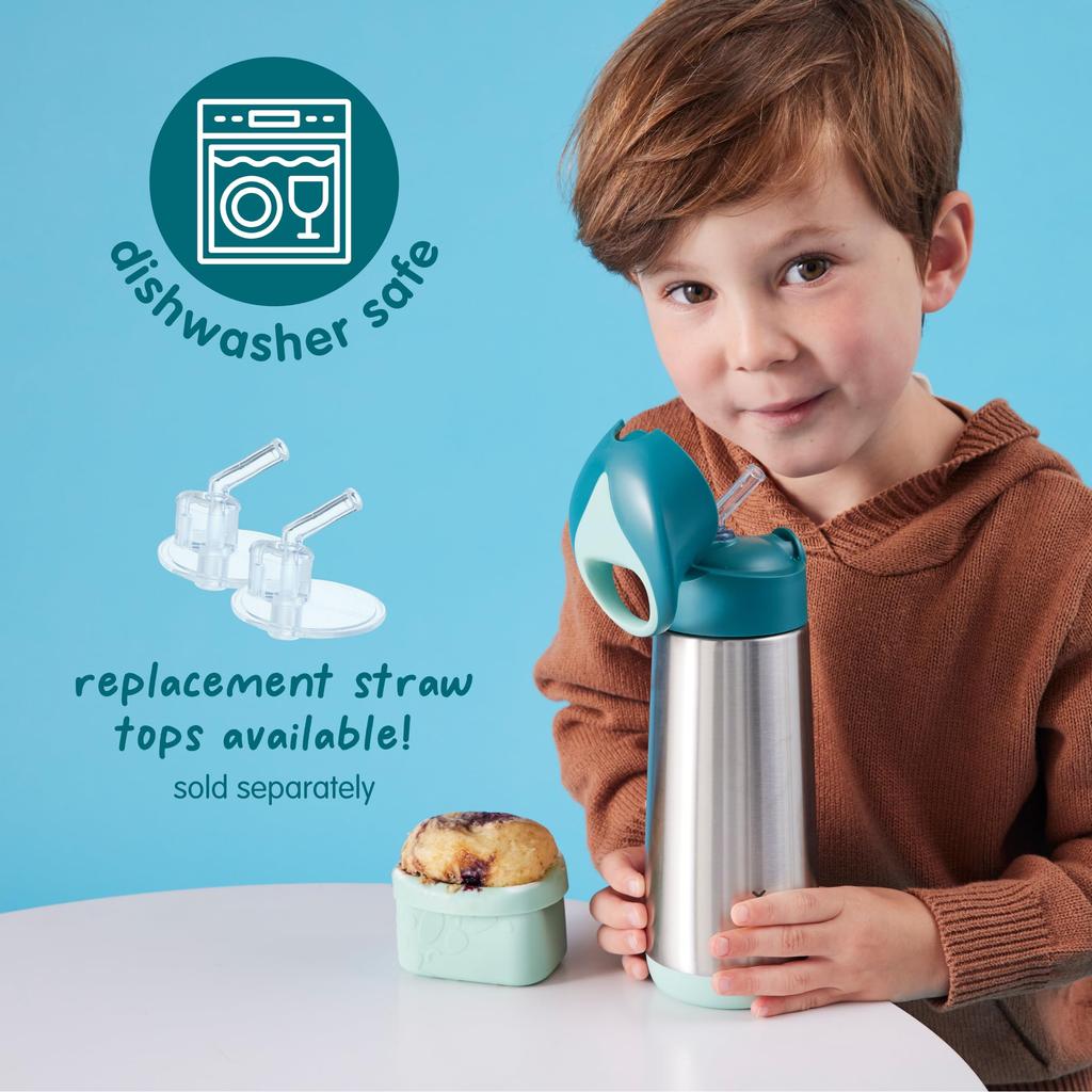Insulated Water Bottle with Keeps Drinks Hot or Dishwasher Safe Steel Ocean Breeze B.box Children's Straw, 350ml, Cold, One-Push Operation, Top-Rack