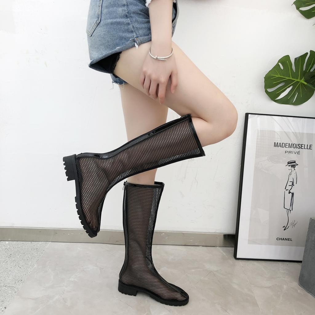 No Inner Cool Boots Summer New Round Head Mesh Breathable Back Zipper Anti-slip Wear-resistant Square Heel Mid-calf Boots