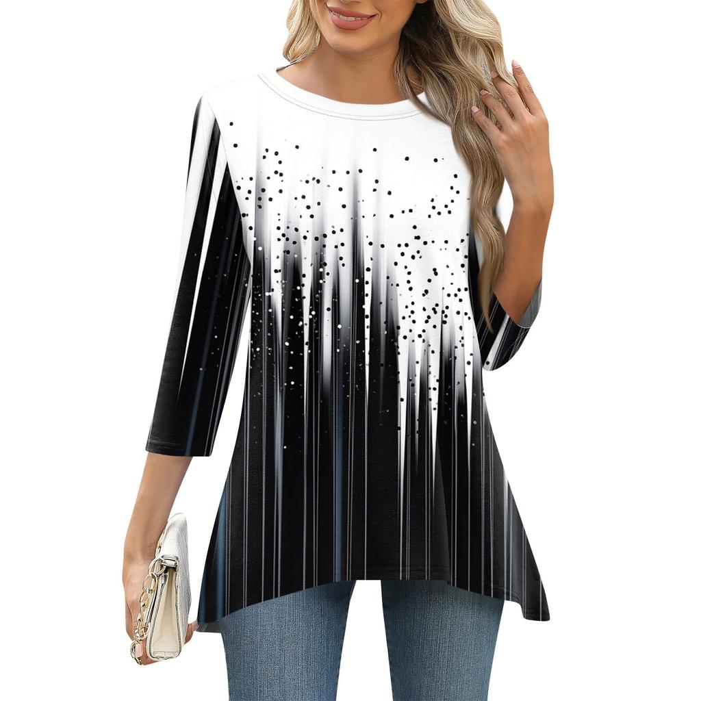 3/4 рукав туника топы для женщин принтованный повседневный выходной свободный крой модная базовая футболка с круглым вырезом