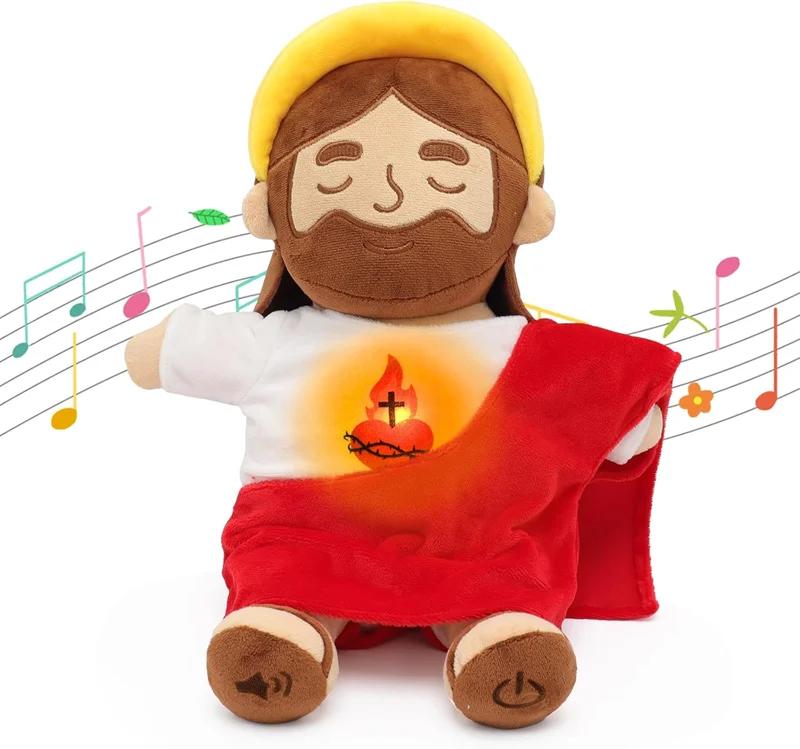 Breathing Jesus Plush Toy with 4 Modes Soft Sacred Heart Comfort Stuffed Animal Calming Gift for Kids Easter Christmas