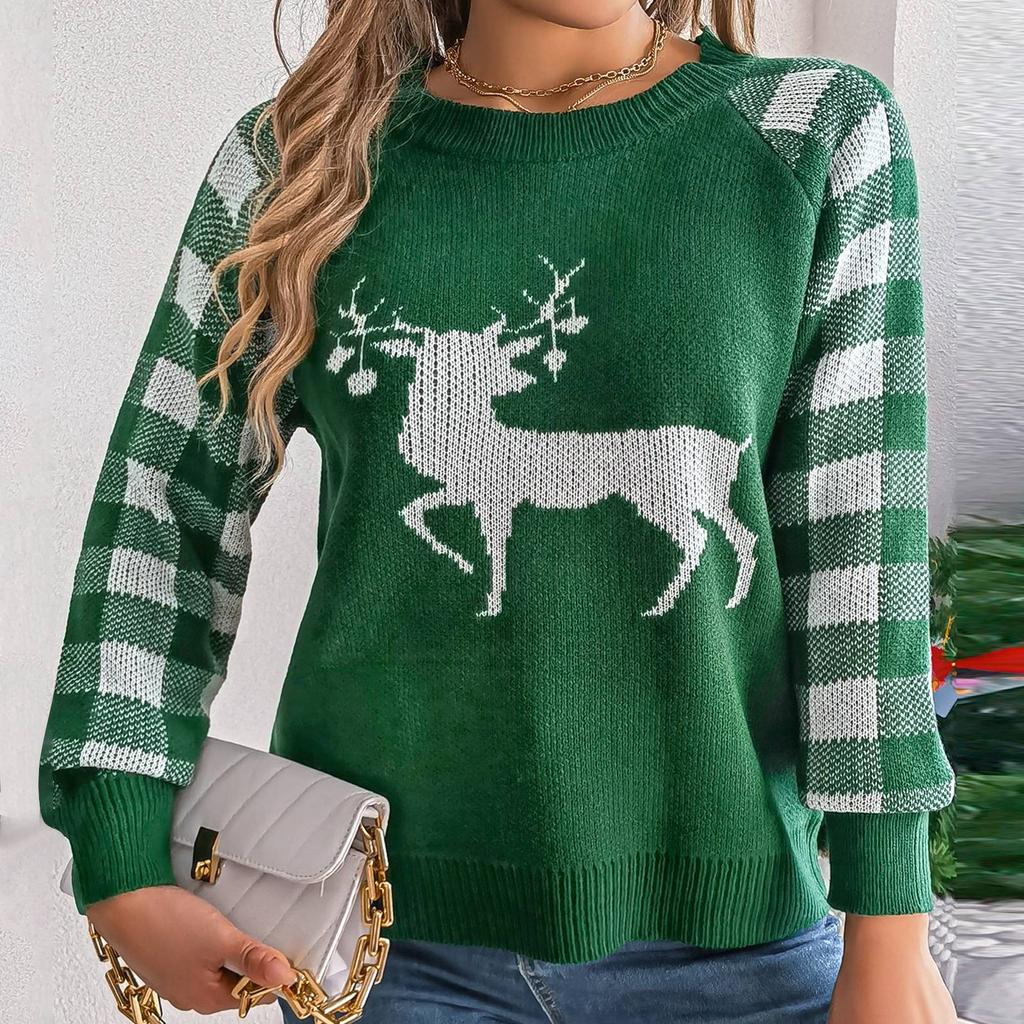 Women's Fashion Casual Loose Christmas Plaid Deer Pattern Contrast Color Sweater Long Sleeve Pullover Top