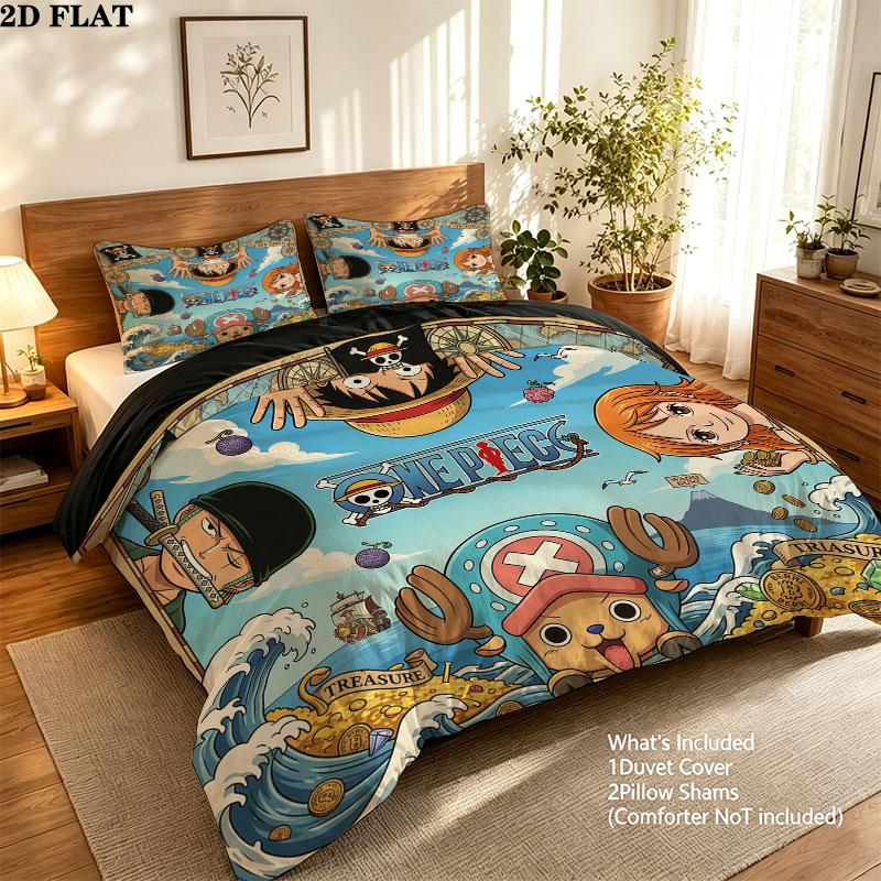 One Piece Pattern Bedding Quilt Set Quilt Cover Pillowcase Home Birthday Gift(1 * duvet cover + 2 * pillowcase, without core)