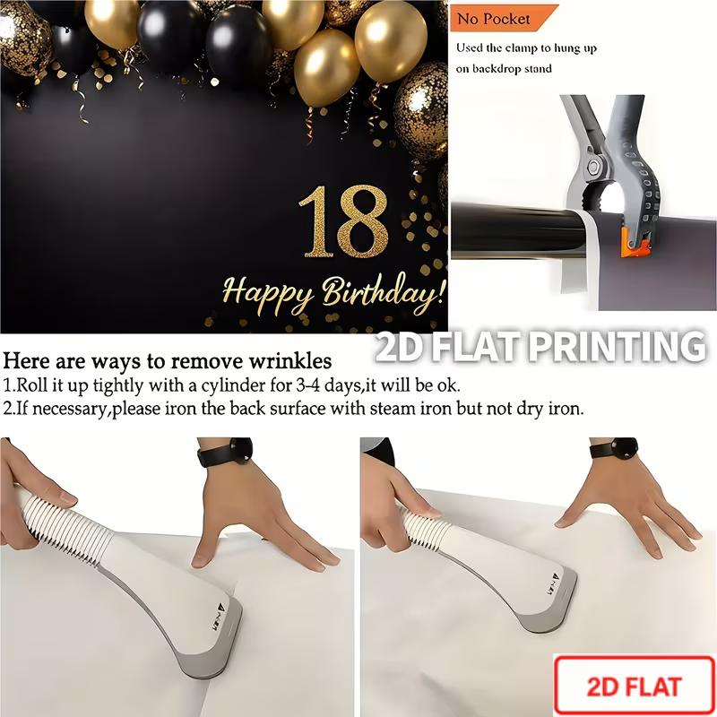 2D Black Gold Glitter 18th Happy Birthday Photography Background Cloth