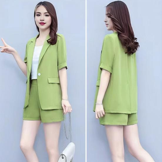 2 Piece Women Casual Outfit Lapel Short Sleeve Blazer Shorts Solid Color OL Style Single Button Blazer Shorts Set Elegant Office Suit