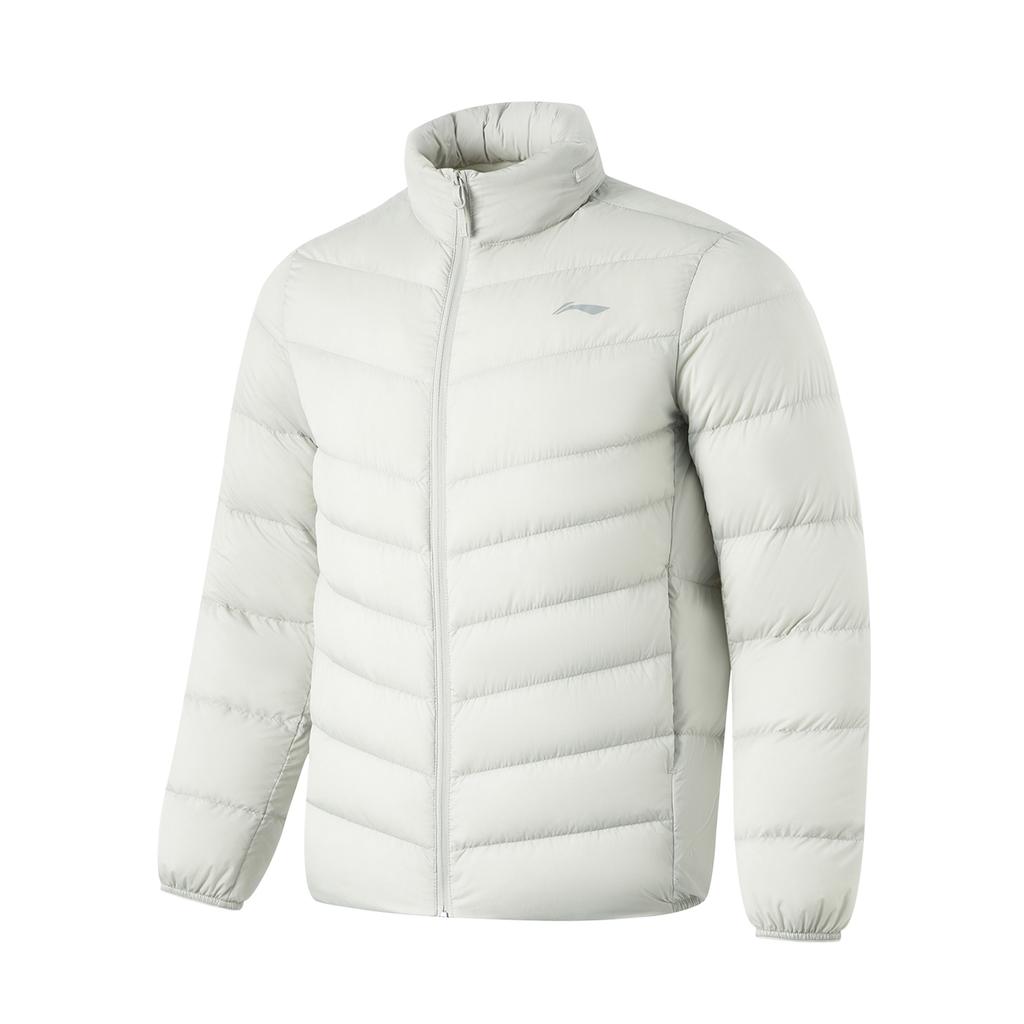 Мужская куртка Li Ning Fitness Series с коротким логотипом и воротником-стойкой, однотонная, серая, с каплями воды AYMU091-2