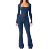 2024 Long Sleeve Square Collar Skinny Wide Leg Women Jumpsuits High Elastic Fashion Bodysuit Casual Solid Color Clothes 30648