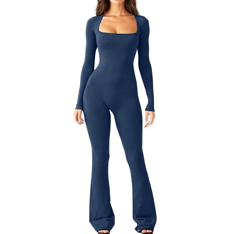 2024 Long Sleeve Square Collar Skinny Wide Leg Women Jumpsuits High Elastic Fashion Bodysuit Casual Solid Color Clothes 30648