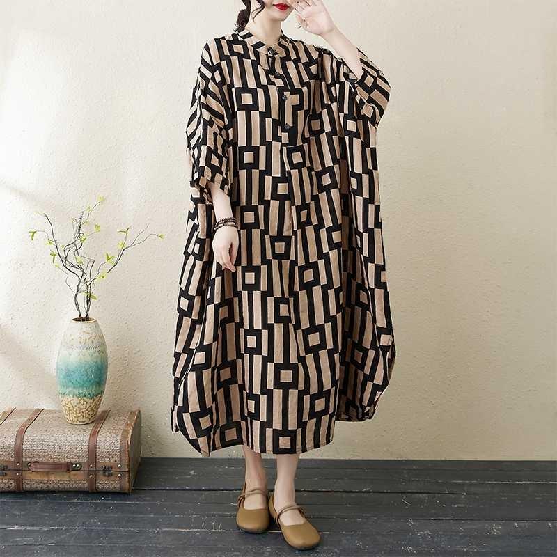 Платье для отпуска 2025 года с принтом и воротником-стойкой, свободного покроя, очень большого размера