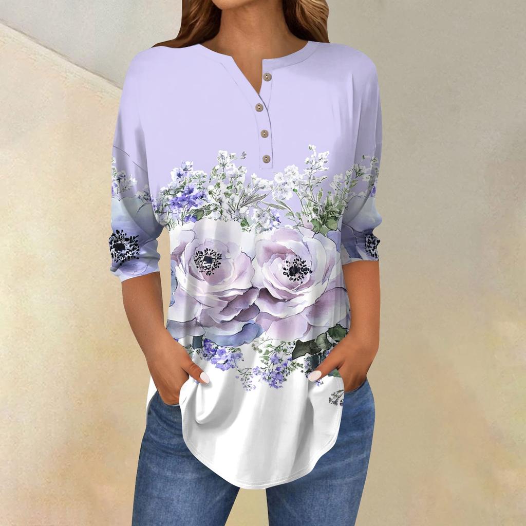 Женская свободная футболка с воротником на пуговицах и винтажным цветочным принтом, рукав три четверти