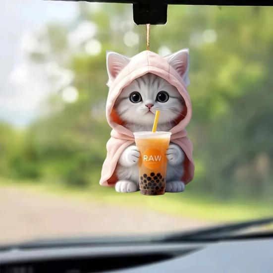 Подвеска для автомобиля 2D Котенок в толстовке с капюшоном, держащий молочный чай, легкая школьная сумка, сумка через плечо, подвеска с цепочкой из бисера, праздничный подарок
