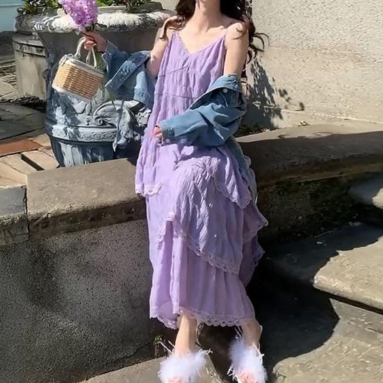 Женское платье на бретелях с V-образным вырезом, без рукавов, многослойное, с кружевной отделкой, макси-платье